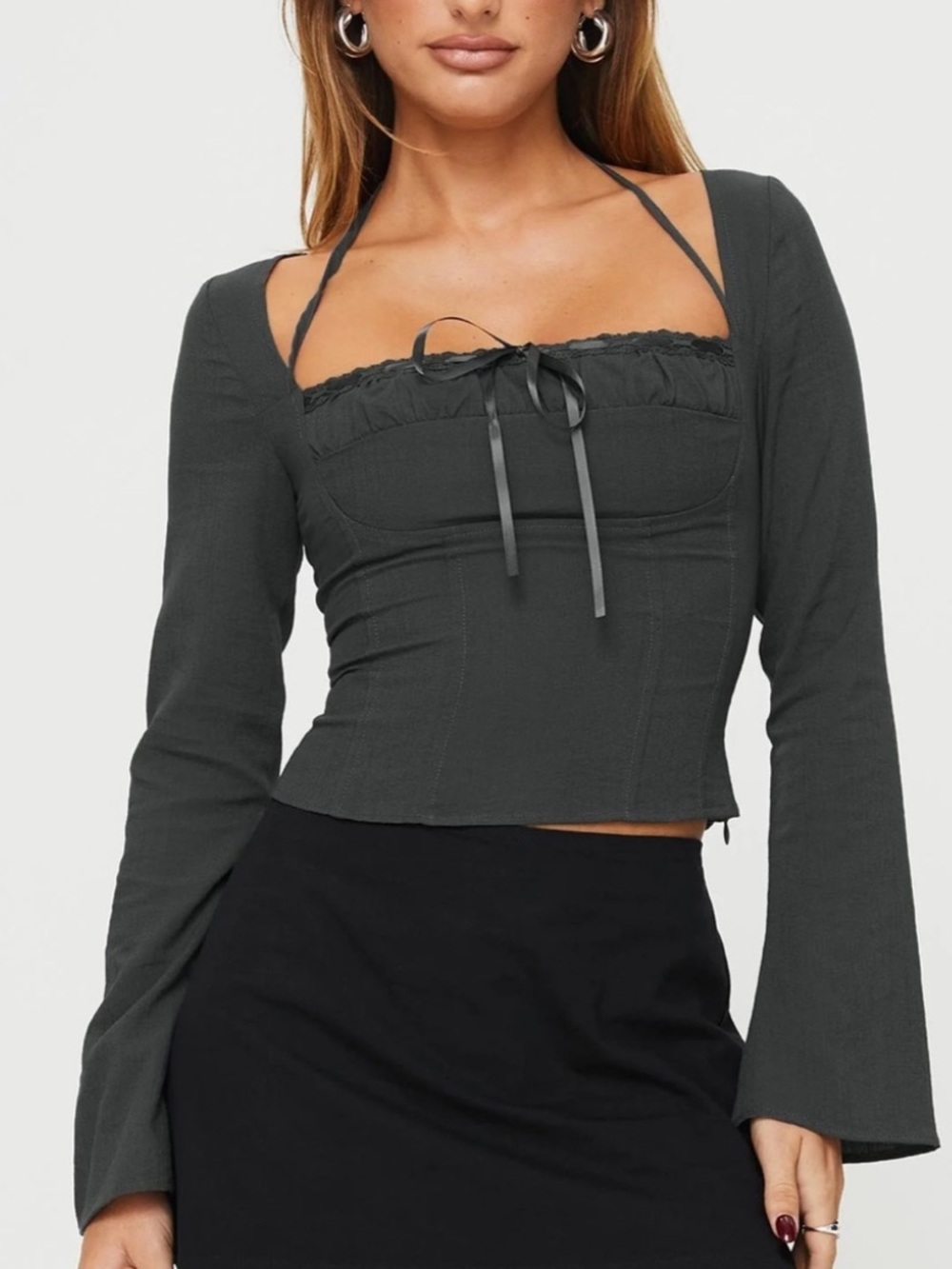 Princess Polly Trynia Corset-Style Dark Gray Long Sleeve Top Faire Whimsigoth